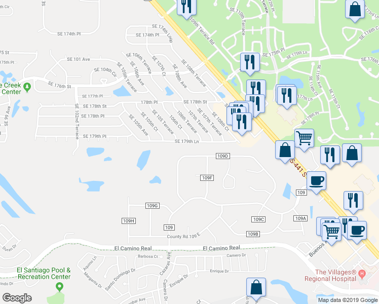 map of restaurants, bars, coffee shops, grocery stores, and more near 7868 County Road 109D in Lady Lake