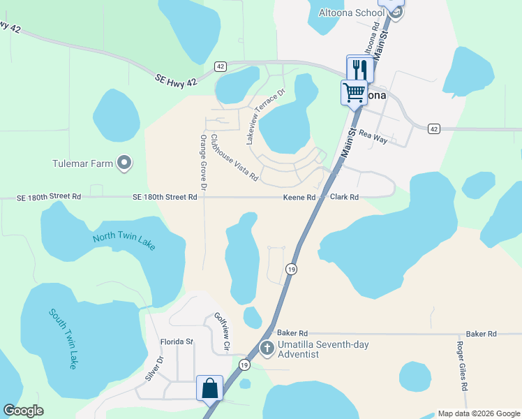 map of restaurants, bars, coffee shops, grocery stores, and more near 87 Fairway Circle in Umatilla