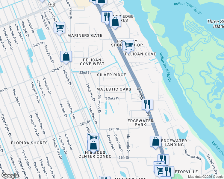 map of restaurants, bars, coffee shops, grocery stores, and more near 217 2 Oaks Drive in Edgewater