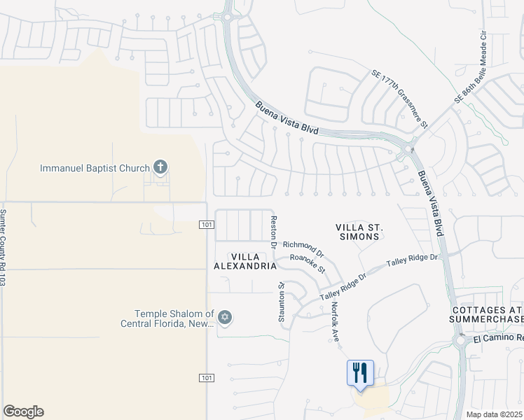 map of restaurants, bars, coffee shops, grocery stores, and more near 3460 Reston Drive in The Villages