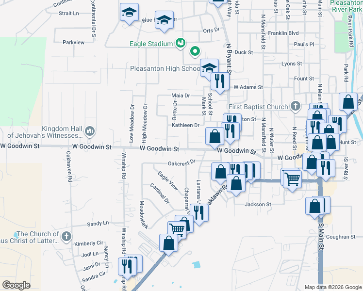 map of restaurants, bars, coffee shops, grocery stores, and more near 125 Vickers Street in Pleasanton