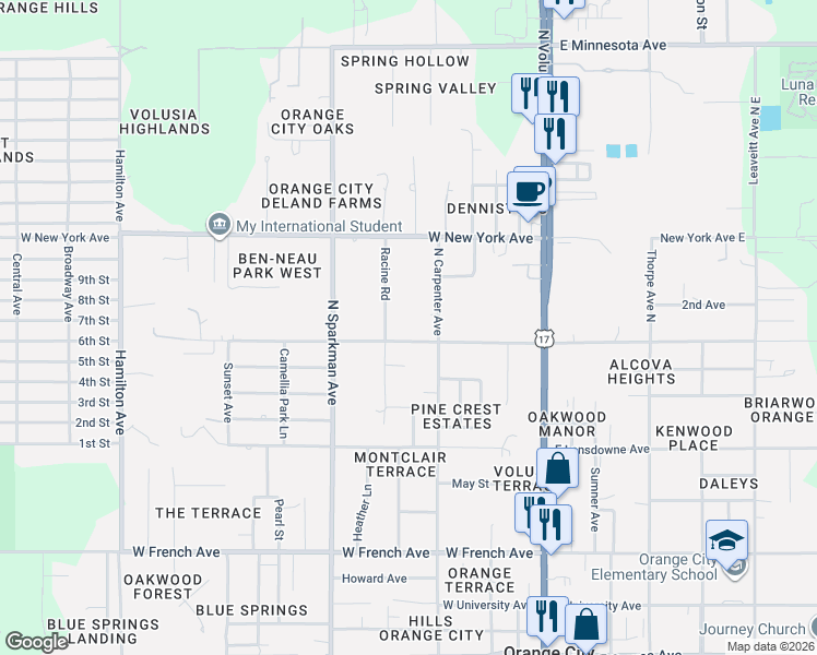 map of restaurants, bars, coffee shops, grocery stores, and more near 1202 Racine Road in Orange City