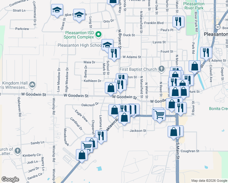 map of restaurants, bars, coffee shops, grocery stores, and more near 210 Tagert Street in Pleasanton