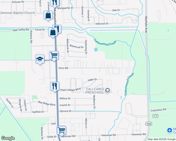 map of restaurants, bars, coffee shops, grocery stores, and more near 2110 Horn Road in Bay City