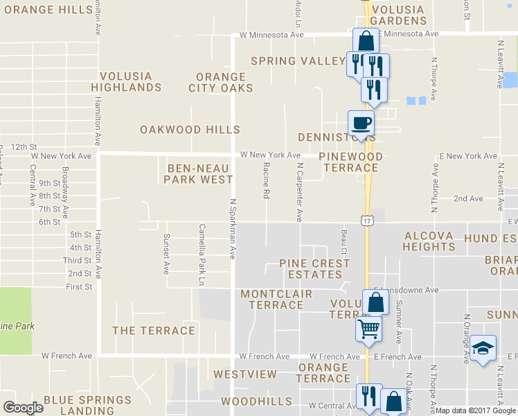 map of restaurants, bars, coffee shops, grocery stores, and more near 1201 Racine Road in Orange City