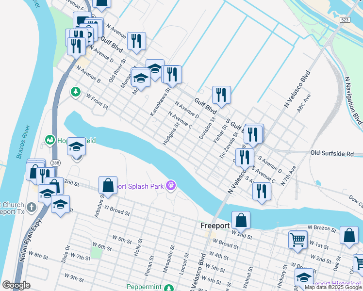 map of restaurants, bars, coffee shops, grocery stores, and more near 24 North Avenue A in Freeport