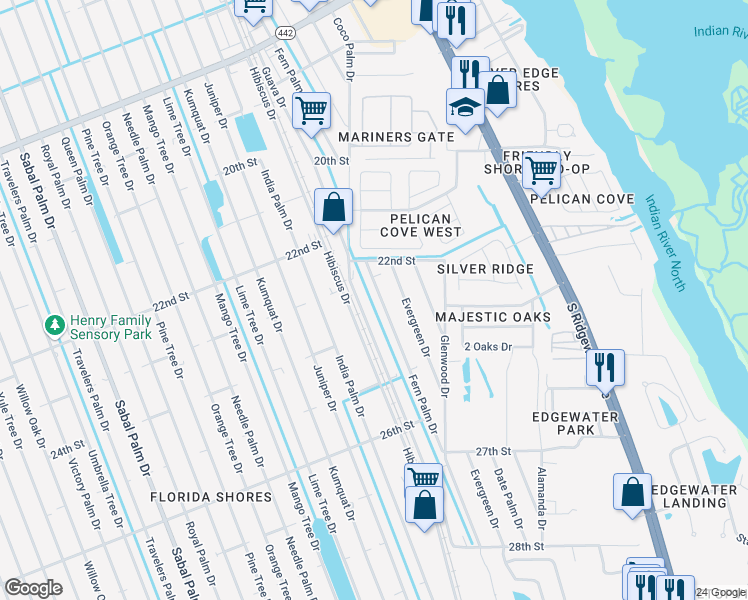 map of restaurants, bars, coffee shops, grocery stores, and more near 2317 Fern Palm Drive in Edgewater