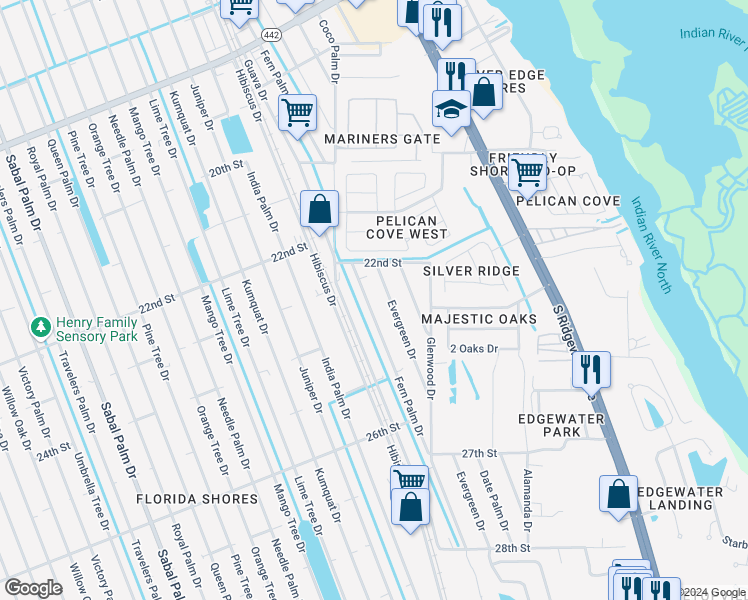 map of restaurants, bars, coffee shops, grocery stores, and more near 2317 Fern Palm Drive in Edgewater