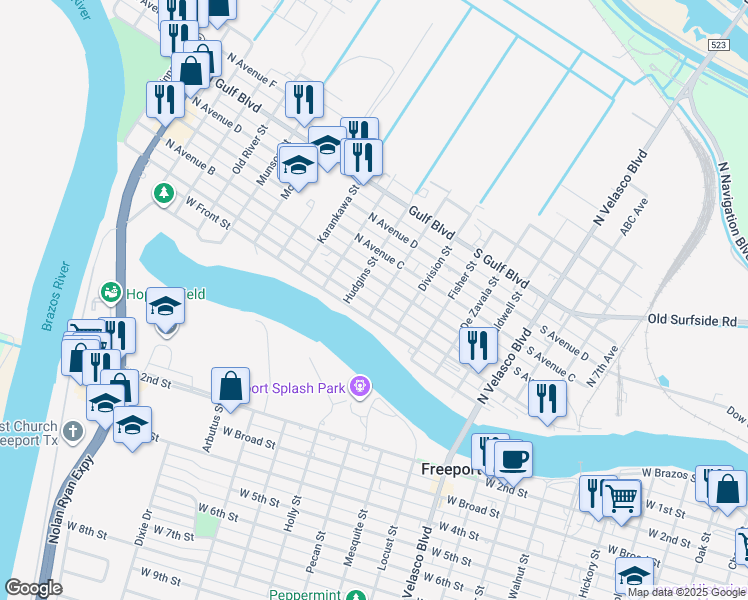 map of restaurants, bars, coffee shops, grocery stores, and more near 24 North Avenue A in Freeport