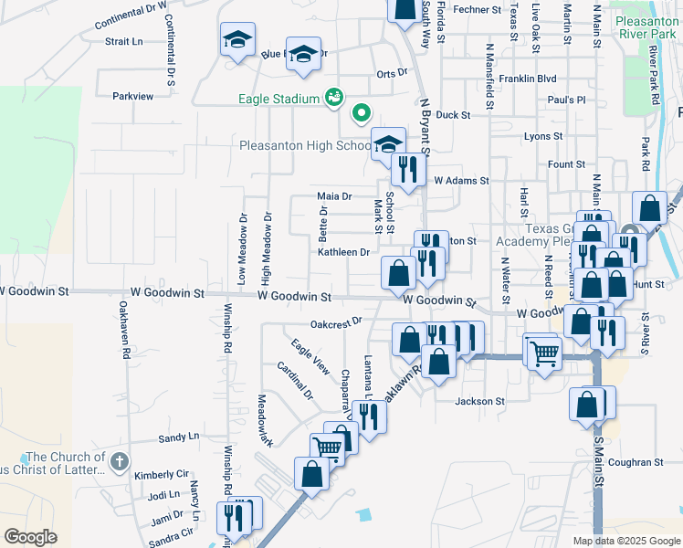 map of restaurants, bars, coffee shops, grocery stores, and more near 125 Vickers Street in Pleasanton