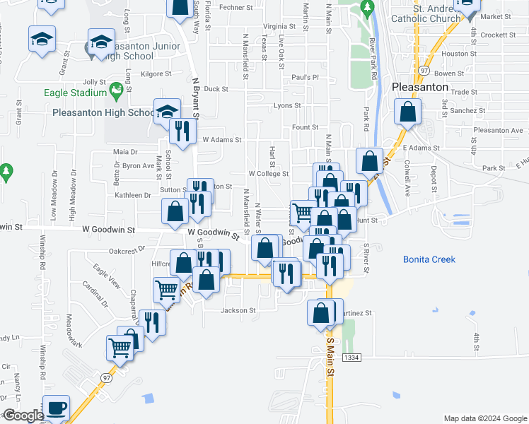 map of restaurants, bars, coffee shops, grocery stores, and more near 411 West Johnson Street in Pleasanton