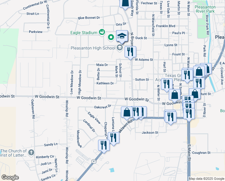 map of restaurants, bars, coffee shops, grocery stores, and more near 913 Anna Street in Pleasanton