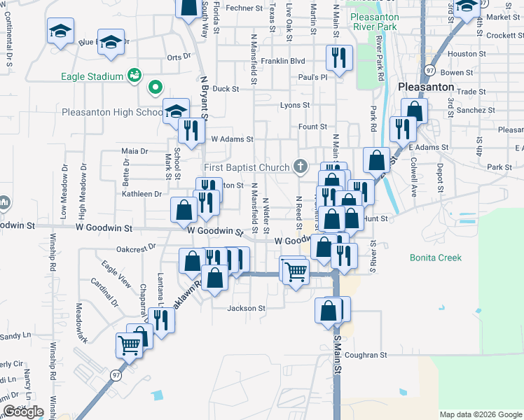 map of restaurants, bars, coffee shops, grocery stores, and more near 211 North Water Street in Pleasanton