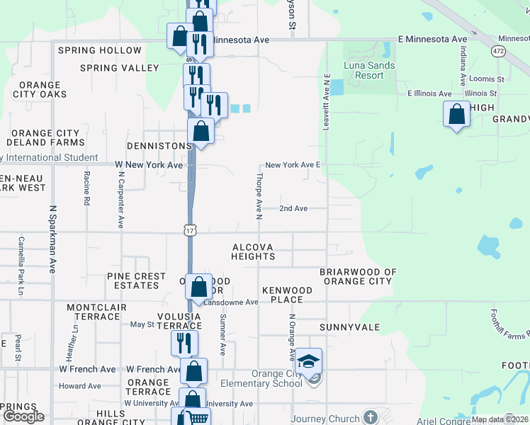 map of restaurants, bars, coffee shops, grocery stores, and more near 1096 North Thorpe Avenue in Orange City