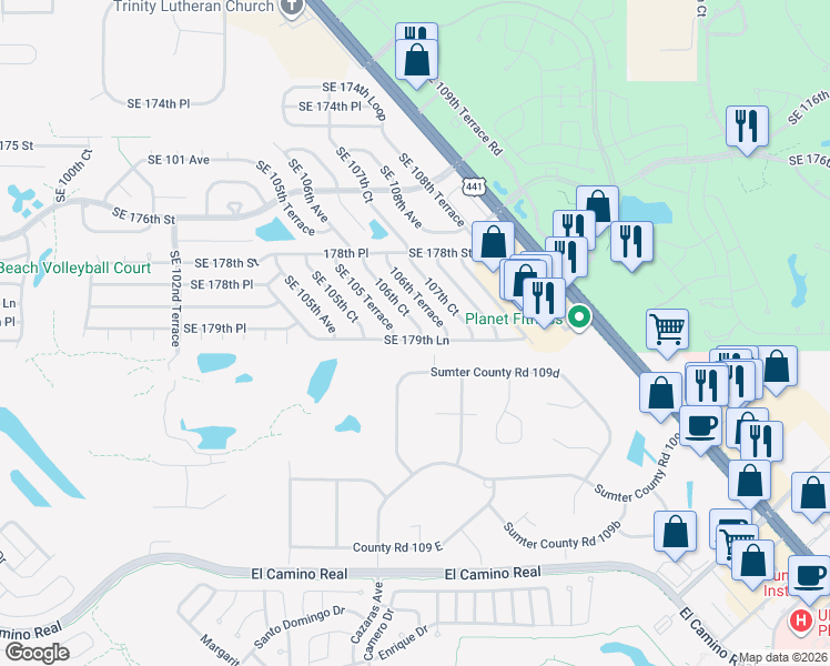 map of restaurants, bars, coffee shops, grocery stores, and more near 17988 106th Court in Summerfield