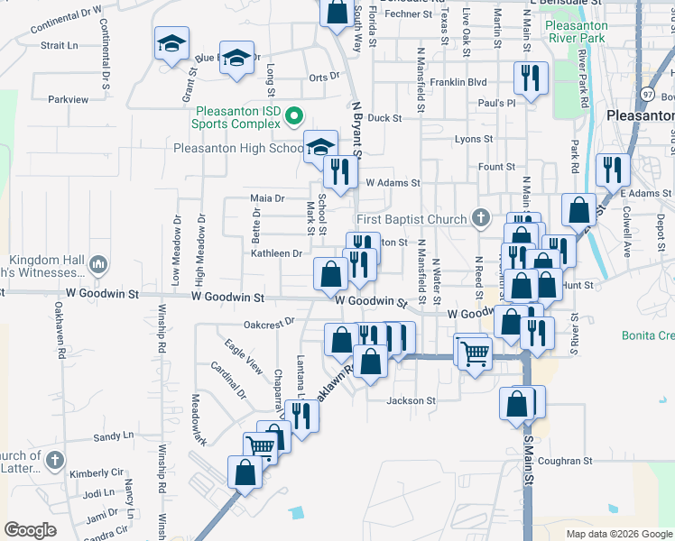 map of restaurants, bars, coffee shops, grocery stores, and more near 210 Tagert Street in Pleasanton