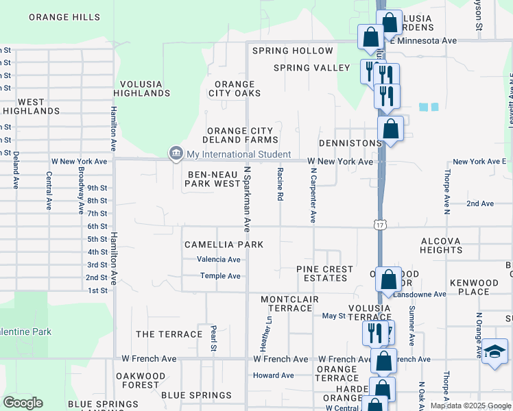 map of restaurants, bars, coffee shops, grocery stores, and more near 1270 North Sparkman Avenue in Orange City