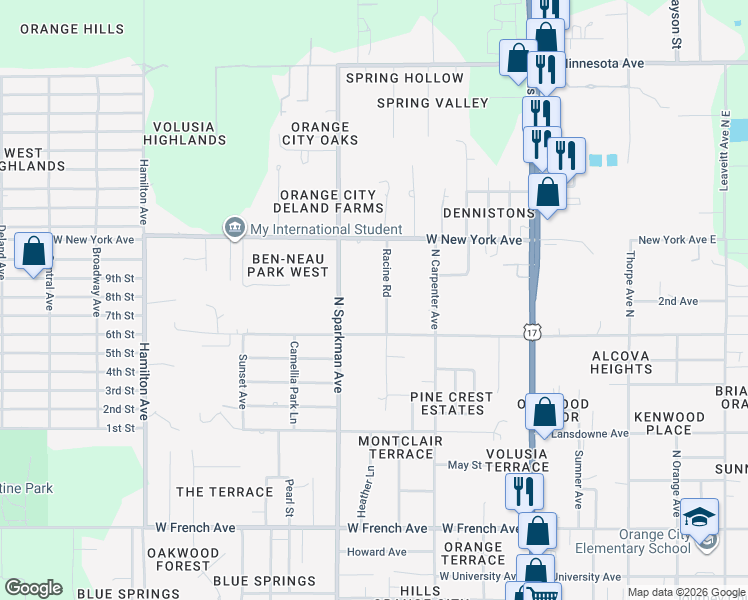 map of restaurants, bars, coffee shops, grocery stores, and more near 1201 Racine Road in Orange City