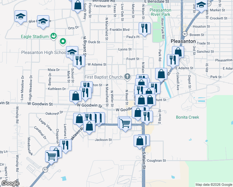 map of restaurants, bars, coffee shops, grocery stores, and more near 211 North Water Street in Pleasanton