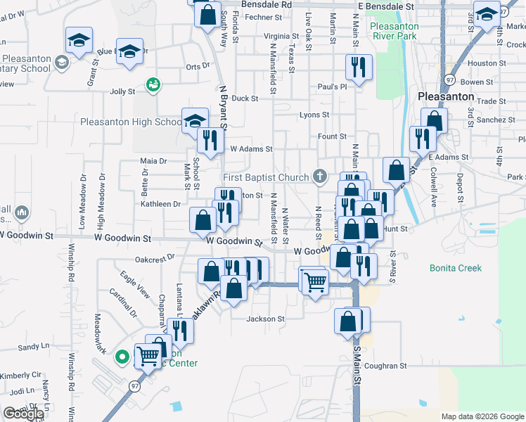 map of restaurants, bars, coffee shops, grocery stores, and more near 200 Djenadi Drive in Pleasanton
