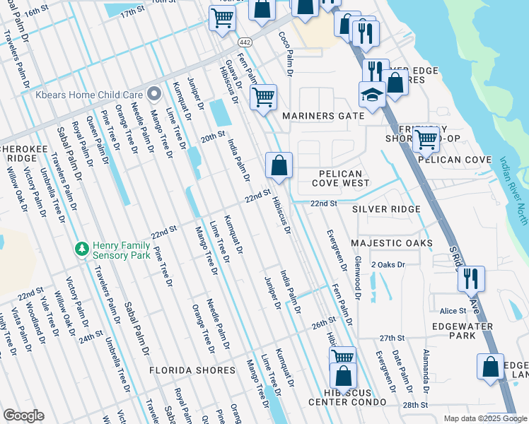 map of restaurants, bars, coffee shops, grocery stores, and more near 2210 Hibiscus Drive in Edgewater