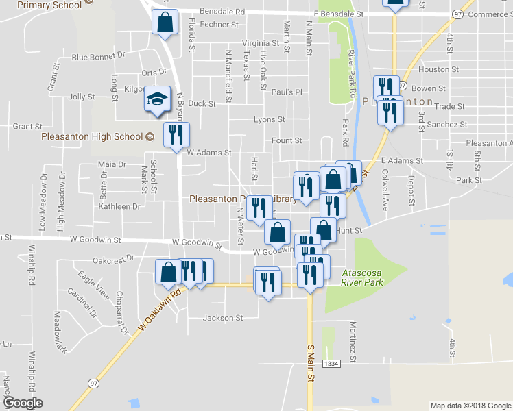 map of restaurants, bars, coffee shops, grocery stores, and more near 325 North Reed Street in Pleasanton