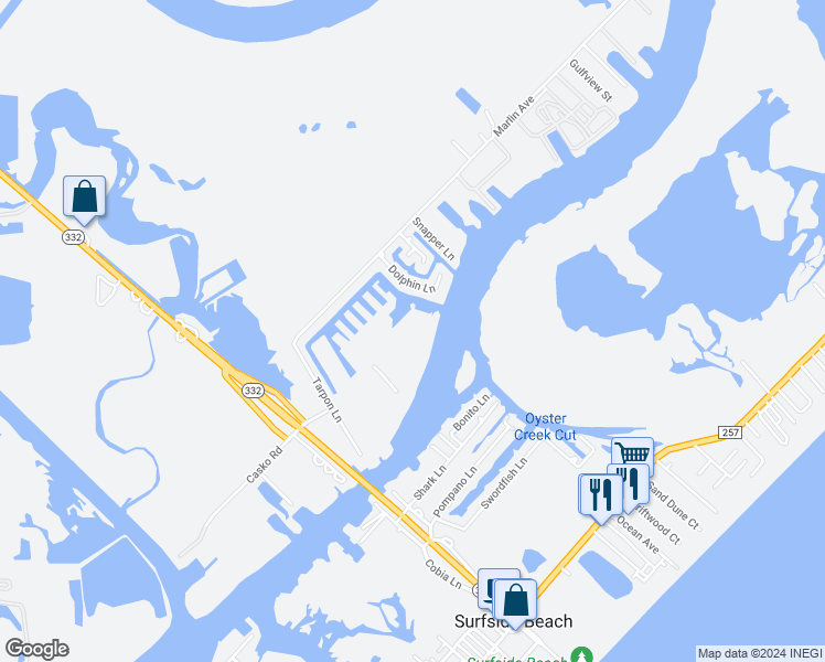 map of restaurants, bars, coffee shops, grocery stores, and more near 411 Sailfish Lane in Freeport