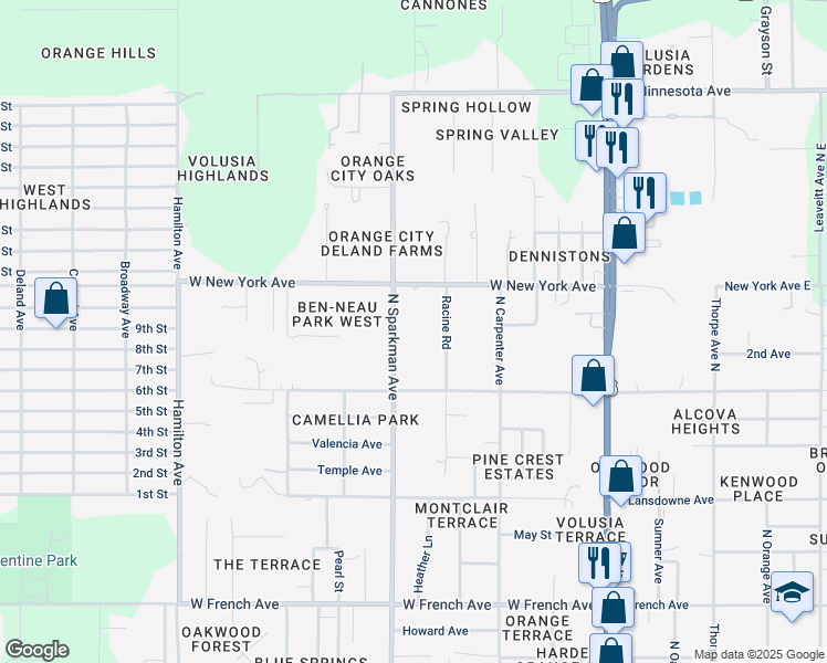 map of restaurants, bars, coffee shops, grocery stores, and more near 1340 North Sparkman Avenue in Orange City