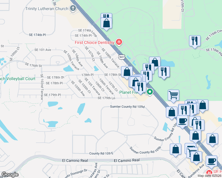 map of restaurants, bars, coffee shops, grocery stores, and more near 17917 Southeast 107th Court in Summerfield
