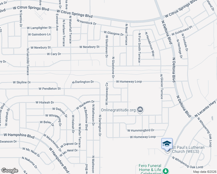 map of restaurants, bars, coffee shops, grocery stores, and more near 526 West Homeway Loop in Citrus Springs