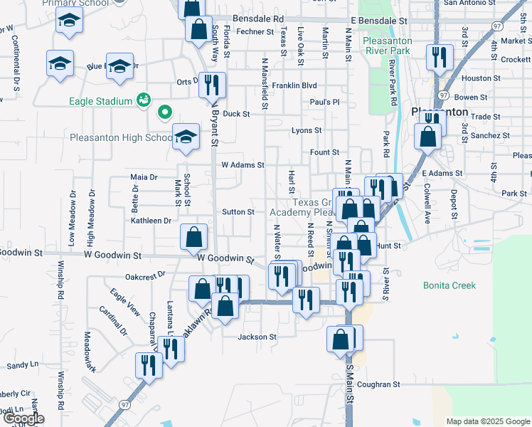 map of restaurants, bars, coffee shops, grocery stores, and more near 392 North Mansfield Street in Pleasanton