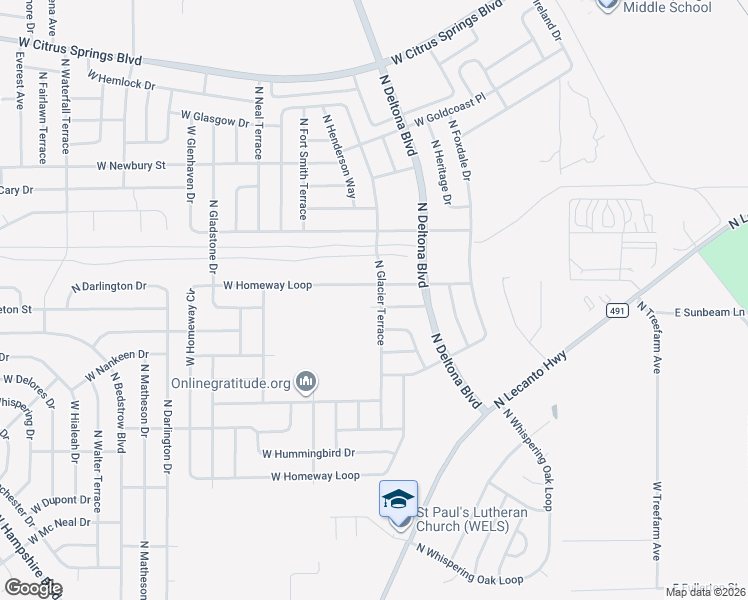 map of restaurants, bars, coffee shops, grocery stores, and more near 6734 North Glacier Terrace in Citrus Springs