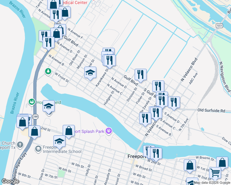 map of restaurants, bars, coffee shops, grocery stores, and more near 119 North Avenue C in Freeport