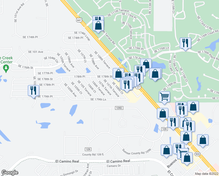 map of restaurants, bars, coffee shops, grocery stores, and more near 17917 Southeast 107th Court in Summerfield
