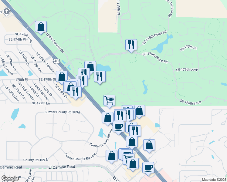 map of restaurants, bars, coffee shops, grocery stores, and more near 17842 Southeast 113th Terrace in Summerfield