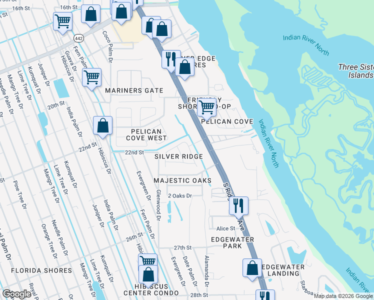 map of restaurants, bars, coffee shops, grocery stores, and more near 5 Denson Drive in Edgewater