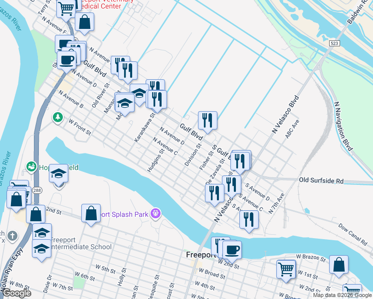 map of restaurants, bars, coffee shops, grocery stores, and more near 13 North Avenue D in Freeport
