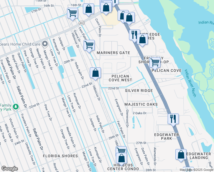 map of restaurants, bars, coffee shops, grocery stores, and more near 418 Sandpiper Court in Edgewater