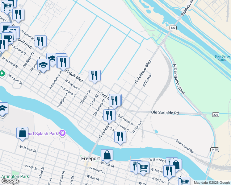map of restaurants, bars, coffee shops, grocery stores, and more near 201 South Avenue F in Freeport