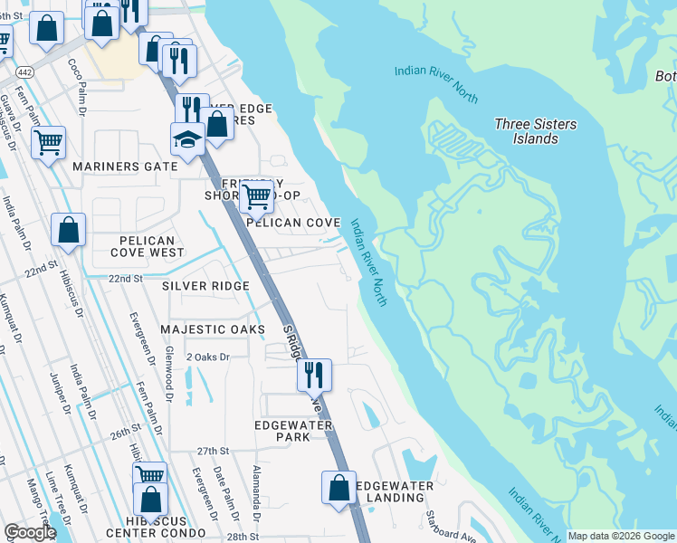 map of restaurants, bars, coffee shops, grocery stores, and more near 116 Palm Breeze Drive in Edgewater