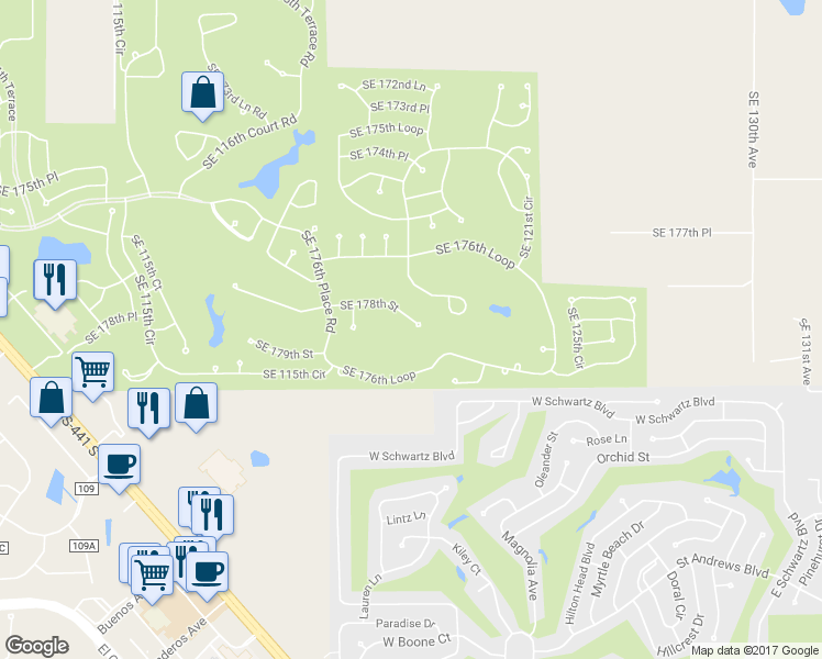 map of restaurants, bars, coffee shops, grocery stores, and more near 12200 Southeast 178th Street in Summerfield