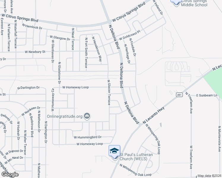map of restaurants, bars, coffee shops, grocery stores, and more near 6734 North Glacier Terrace in Citrus Springs