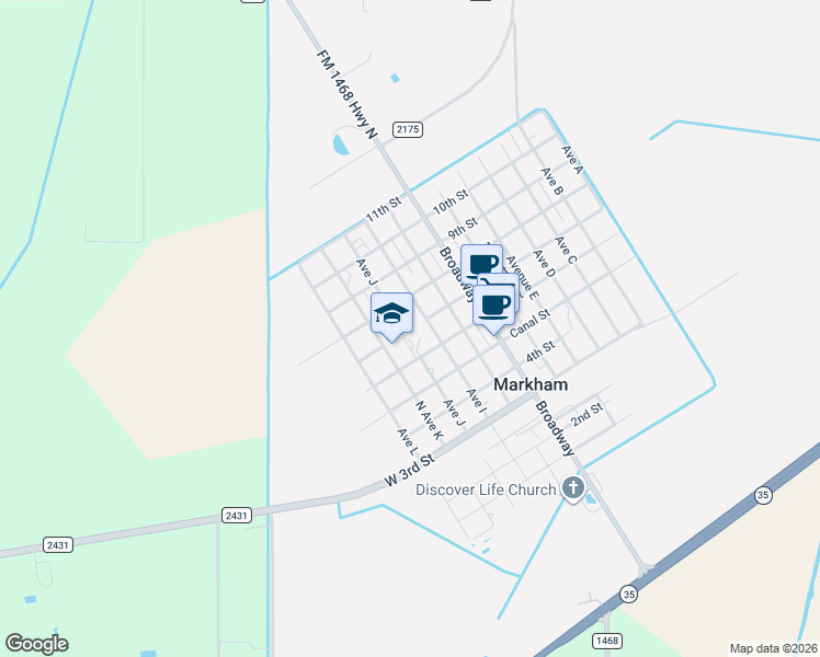 map of restaurants, bars, coffee shops, grocery stores, and more near 611 Avenue K North in Markham