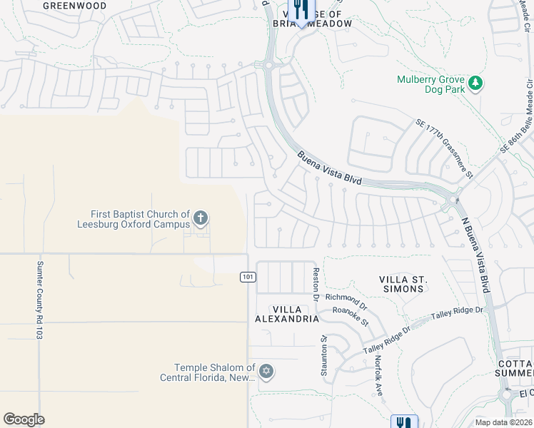 map of restaurants, bars, coffee shops, grocery stores, and more near 17860 Southeast 83rd Melody Avenue in The Villages