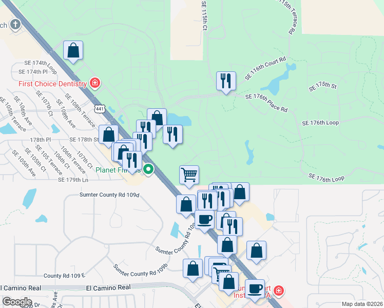 map of restaurants, bars, coffee shops, grocery stores, and more near 17842 Southeast 113th Terrace in Summerfield