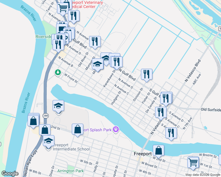 map of restaurants, bars, coffee shops, grocery stores, and more near 220 North Avenue B in Freeport