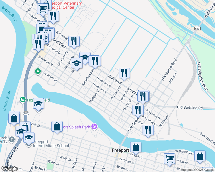 map of restaurants, bars, coffee shops, grocery stores, and more near 13 North Avenue D in Freeport