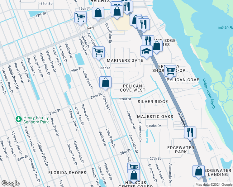 map of restaurants, bars, coffee shops, grocery stores, and more near 429 Sandpiper Court in Edgewater