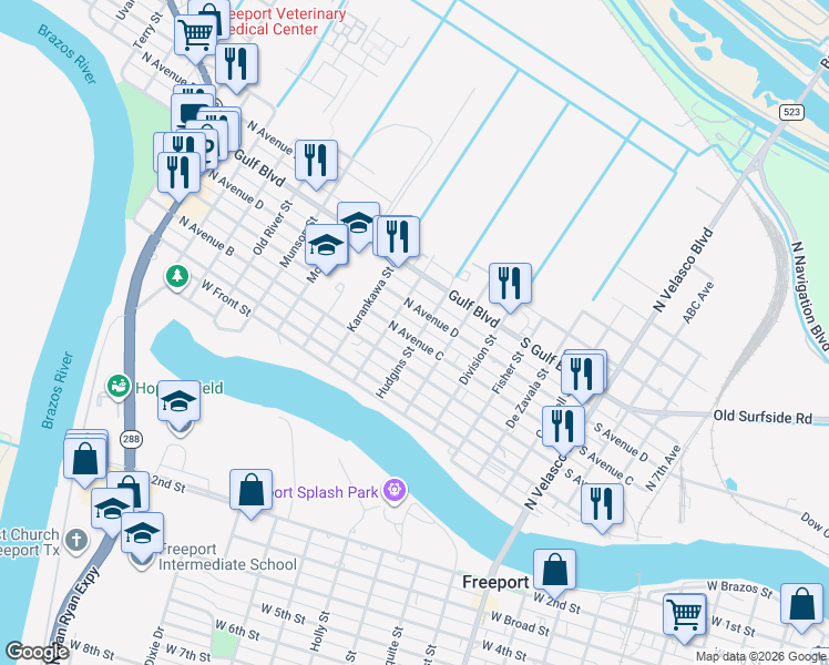 map of restaurants, bars, coffee shops, grocery stores, and more near 119 North Avenue C in Freeport