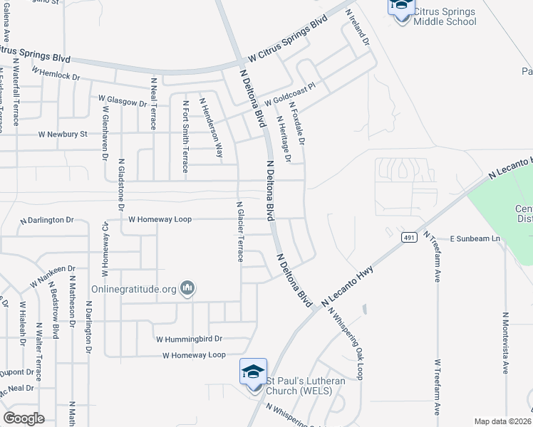 map of restaurants, bars, coffee shops, grocery stores, and more near 316 West Homeway Loop in Citrus Springs
